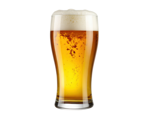 A pint glass filled with golden beer topped with a thick, frothy white head.