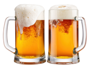 Two glass beer mugs filled with golden beer topped with thick, frothy foam.