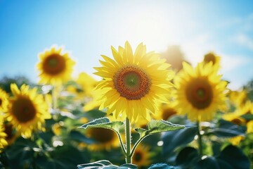 Obraz premium Bright yellow sunflowers in a field under a blue sky