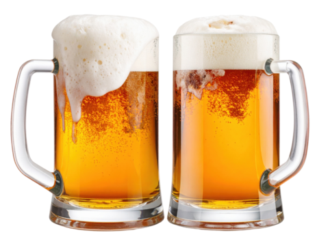 Two glass beer mugs filled with golden beer topped with thick, frothy foam.