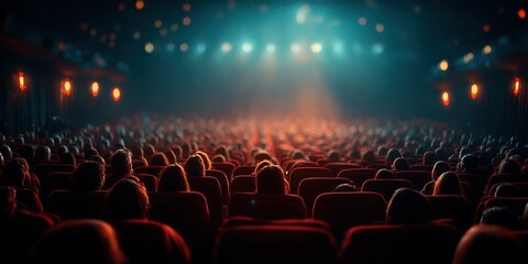 Crowded theater with audience immersed in a cinematic experience during a late-night screening