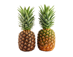 Fototapeta premium Two ripe pineapples with green spiky crowns are shown side by side, highlighting their textured and patterned outer skin.