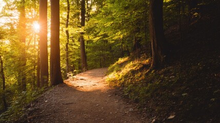 Serene forest path winding through lush woodland with warm golden sunlight filtering through dense green canopy, tall straight trees, earthy brown dirt trail, and tranquil atmosphere.