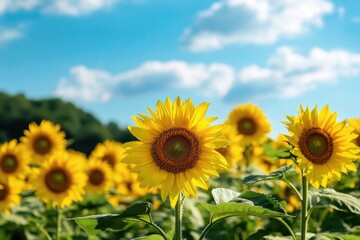 Fototapeta premium Bright yellow sunflowers in a field under a blue sky
