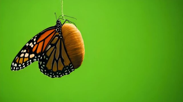 A butterfly emerging from its cocoon with a green screen background  