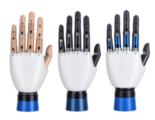 Three robotic prosthetic hands with different finger designs, showcasing advanced mechanical articulation and realistic joint movement.