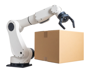 A robotic arm with a mechanical claw is holding a cardboard box, symbolizing automation in handling and packaging tasks.