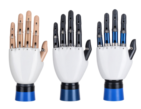 Three robotic prosthetic hands with different finger designs, showcasing advanced mechanical articulation and realistic joint movement.