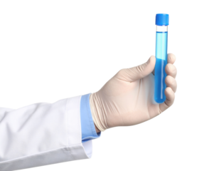 A gloved hand holding a test tube filled with blue liquid against a black background.