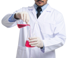 Scientist wearing a lab coat and gloves pours red liquid from a beaker into an Erlenmeyer flask for an experiment or chemical analysis.
