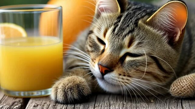 Cute tabby cat relaxing next to a glass of orange juice on a wooden table in a serene outdoor setting during daytime