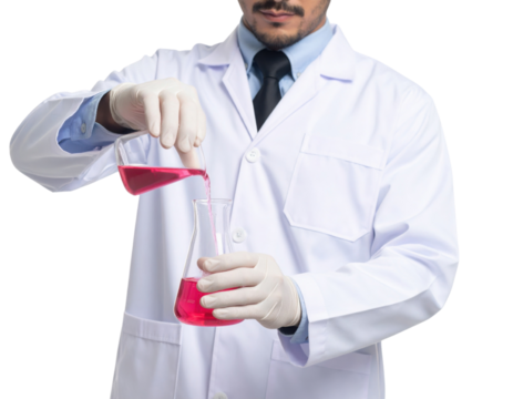 Scientist wearing a lab coat and gloves pours red liquid from a beaker into an Erlenmeyer flask for an experiment or chemical analysis. - Powered by Adobe