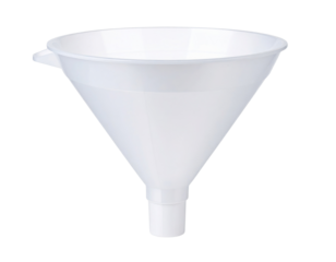 A white plastic funnel with a wide mouth and narrow spout designed for transferring liquids or powders easily.