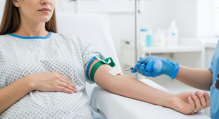 Medical professional drawing blood from patient arm with syringe in clinic. Healthcare medical procedure blood test laboratory analysis diagnosis examination