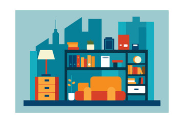 Obraz premium Modern City Apartment Interior Design Cozy Living Room with Bookshelf and City View