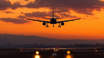 An airplane is landing at an airport during a vibrant orange sunset with city lights and mountains in the background.