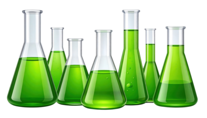 A set of six laboratory glassware containers filled with green liquid, showcasing various shapes and sizes for scientific experiments.