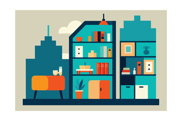 Fototapeta premium Modern City Apartment Interior Design Stylish Shelving and Minimalist Decor