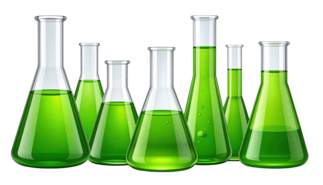 A set of six laboratory glassware containers filled with green liquid, showcasing various shapes and sizes for scientific experiments.