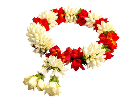 A beautifully crafted Thai Phuang Malai garland, featuring white jasmine and red flowers, symbolizing tradition and respect.