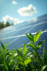 Naklejka premium AI Generated Nature Technology Fusion: Green Seedlings Growing on Solar Panel, Renewable Innovation