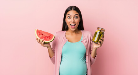 Surprised woman holding watermelon slice and pickles jar with excited expression on pink background. Pregnancy cravings and dietary choices for maternity wellness and nutrition services