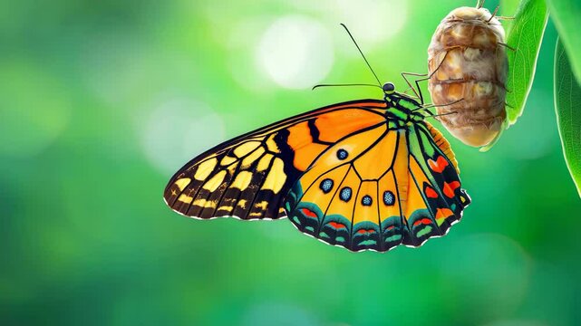 A butterfly emerging from its cocoon with a green screen background  