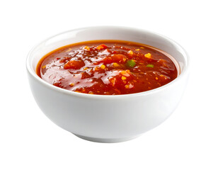 A chunky, vibrant red-orange sauce with visible vegetable pieces, served in a white bowl.