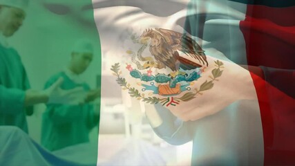 Translucent Mexican flag overlay initiating two surgeons scrubbing gloving while preparing surgery - Powered by Adobe