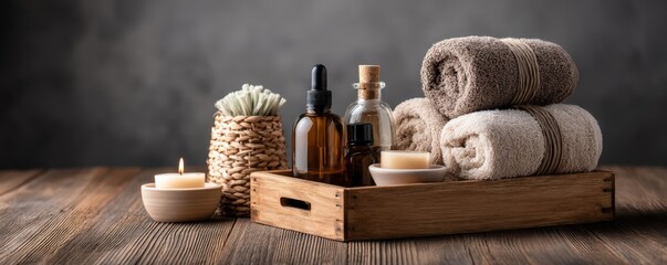 A rustic wooden tray holds spa essentials: rolled towels, glass oil bottles, a candle, and cotton swabs, evoking a calm and cozy wellness atmosphere.