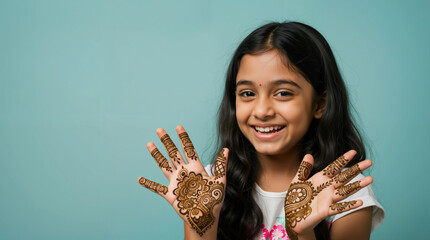 Smiling girl holding hands with intricate henna patterns on turquoise background. Traditional mehndi art for cultural celebrations and festive occasions