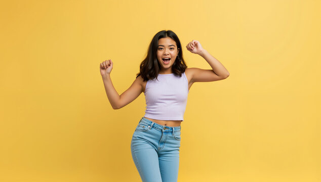 Excited teenage girl celebrating with raised fists in white top and jeans on yellow studio. Success and achievement concept for youth motivation and educational programs
