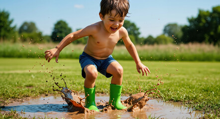 Excited boy jumping in muddy puddle with green boots splashing water outdoors. Outdoor play and messy fun concept for summer activities and childhood entertainment