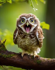 Naklejka premium Adorable Burrowing Owl with Mouth Wide Open Perched on a Branch in a Natural Habitat, Wildlife Photography