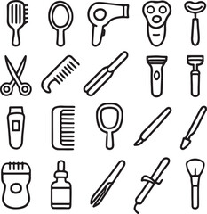 Beauty and grooming tools line icons, symbol set minimalist vector illustration