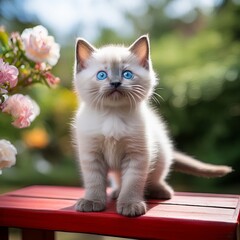 Obraz premium Adorable Siamese Kitten with Stunning Blue Eyes Standing on a Red Bench Surrounded by Lush Greenery and Pink Flowers
