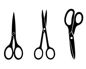 Vector illustration of three different types of scissors in black silhouette, showcasing distinct shapes and functionalities