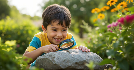 Smiling boy with magnifying glass examining rock outdoors in sunny garden. Nature exploration for science education and geological discovery activities