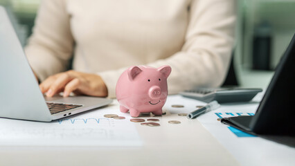 Business accountant calculates income-expenses to save money for the future. Investment concept,...