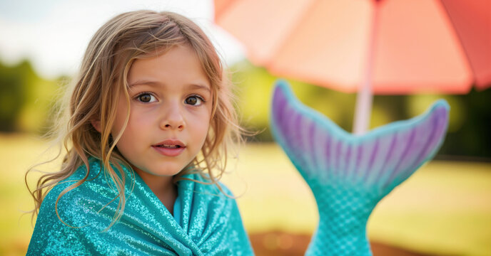 Blonde girl in shimmering turquoise mermaid costume looking thoughtfully outdoors. Fantasy dress up play for imaginative adventures and magical storytelling
