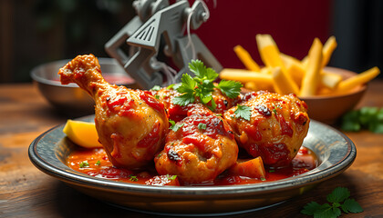 Fototapeta premium Delicious gourmet chicken drumsticks with tomato sauce and french fries on a wooden table