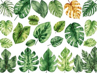 Set of hand-drawn watercolor tropical leaves PNG, arranged in 3 rows on a white background, isolated clipart, perfect for botanical design, Ai Generate.