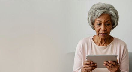 African American senior woman with gray hair using white tablet computer at home. Digital technology learning and online communication. Elderly education services
