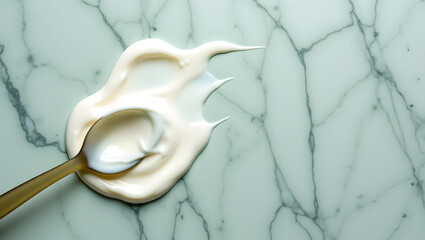 Plastic spoon in spilled yogurt on marble surface  