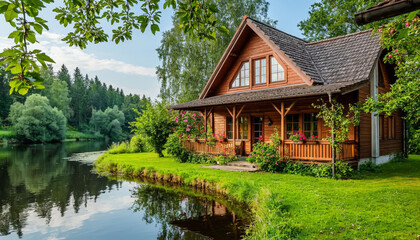 Obraz premium Wooden country house on the river bank, near the forest. AI generated.