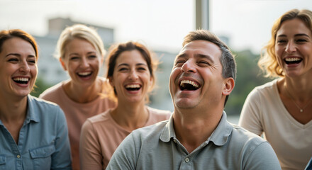 Group of happy friends laughing together outdoors in bright sunlight. Social bonding and friendship concept. Team building and wellness services
