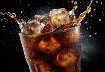Splashing glass of chilled cola with ice cubes and condensation on dark background, perfect for beverage advertising, packaging, branding, and summer refreshment visuals