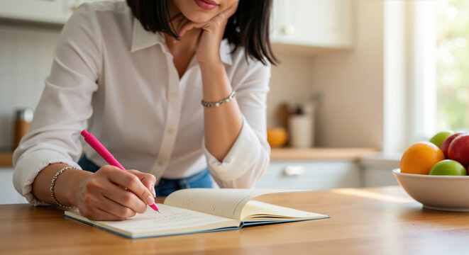 Woman writing in notebook with pink pen at kitchen table with fruit bowl. Home planning and organization concept. Life coaching and productivity services