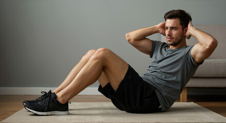 Athletic man doing situp abdominal exercise on yoga mat at home fitness workout. Home gym training and core strengthening. Personal fitness services