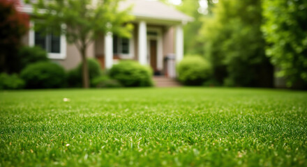 Lush green lawn in front of residential house with white columns and manicured landscaping. Lawn care and landscaping services